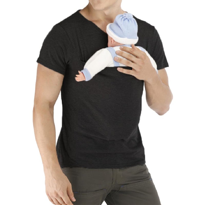 amropi Men's Baby Carrier Soothe V Neck Short Sleeve Kangaroo T Shirt (Black,XXL) - Image 2